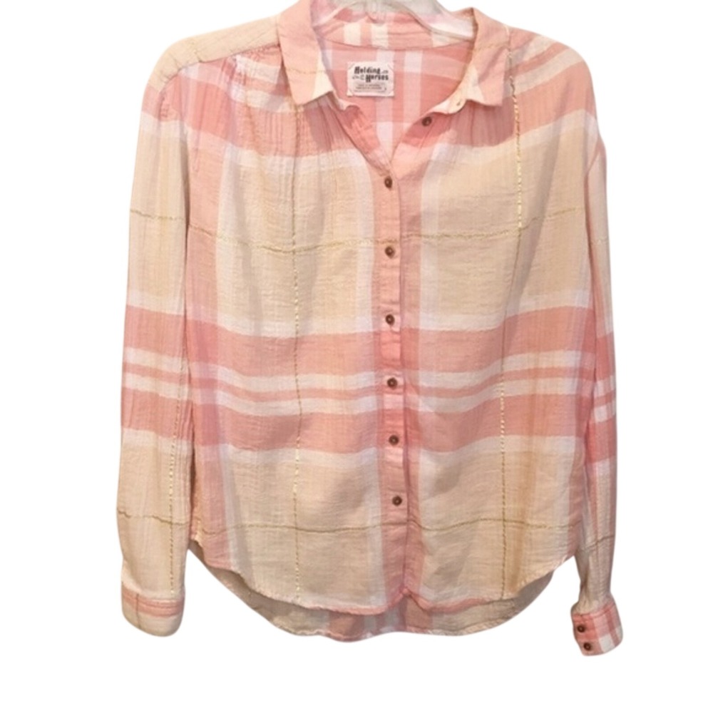 Holding Horses Anthropologie Pink Plaid Metallic Gold Lurex Button Down Shirt S